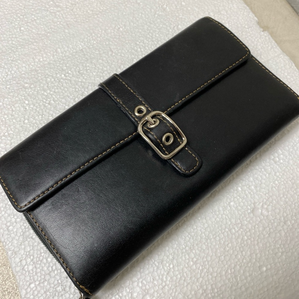 VTG COACH Black All Leather Long BUCKLE WALLET Credit Card Tri Fold + Zip Coin